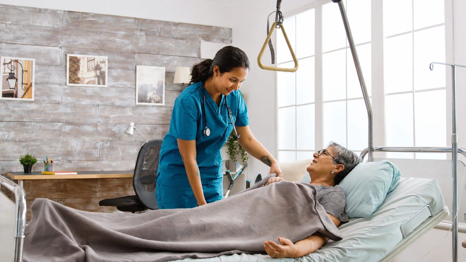 Elderly resident smiling with caregiver